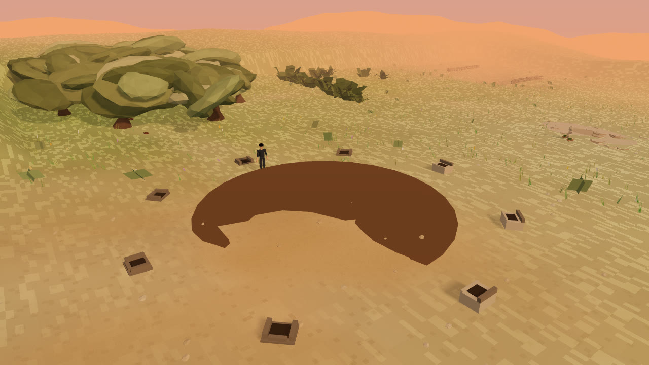 Still of the Open Circle from the inhabit scene: carved seats on packed earth, with olives beyond.